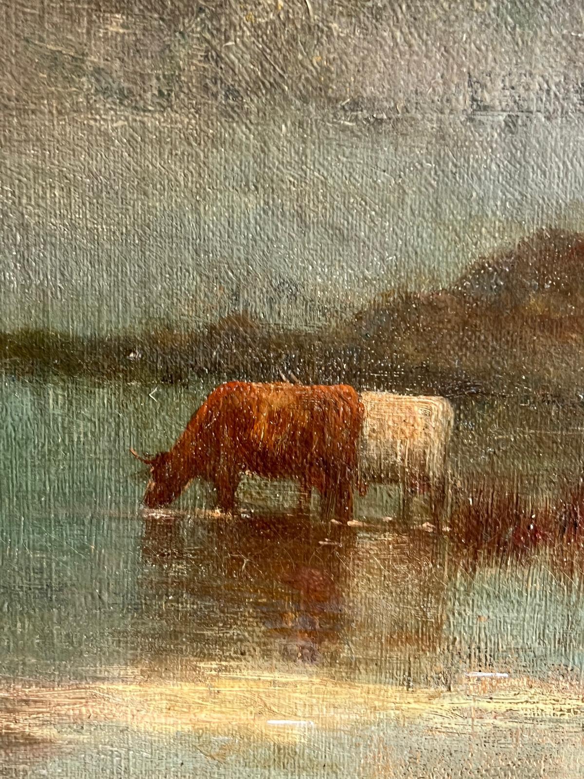 Bovini delle Highlands al tramonto
di Alfred Fontville de Breanski (Regno Unito, 1877-1945)
firmato nell'angolo anteriore inferiore
olio su tela, incorniciato
incorniciato: 23 x 31,5 pollici
tela: 16 x 24 pollici
Provenienza: collezione