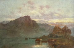 Ancienne peinture à l'huile écossaise Highland Loch Cattle at Sunset Atmospheric