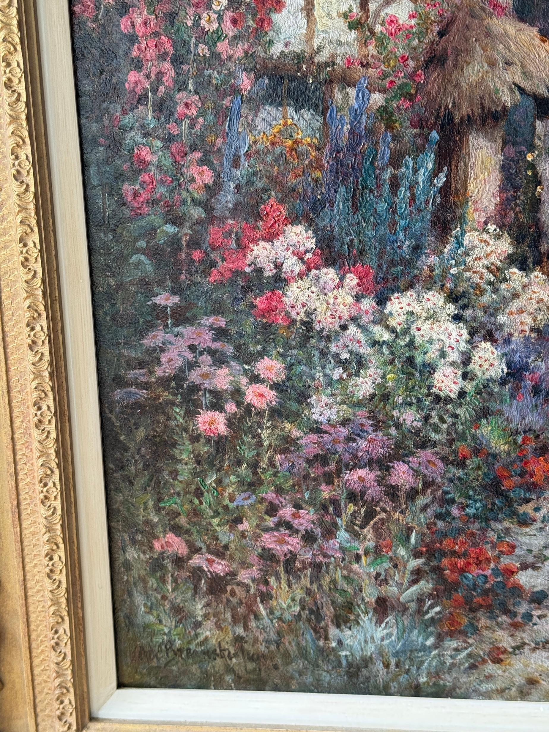 Paesaggio del giardino del cottage English Impressionist dell'inizio del XX secolo - Figurative Painting Marrone di  Alfred Fontville de Breanski