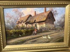 Victorian Oil William Shakespeare's wife's Cottage Stratford on Avon and Geese
