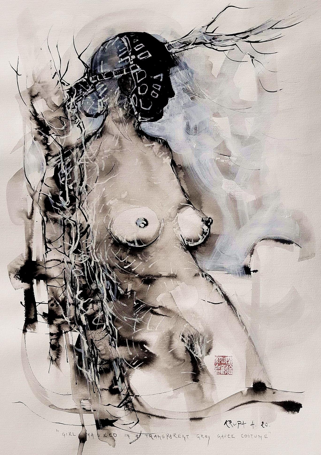 Alfred Freddy Krupa Abstract Painting - Girl Masked..., Contemporary Abstract Ink Painting Portrait Calligraphy Nude