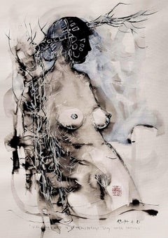 Girl Masked..., Contemporary Abstract Ink Painting Portrait Calligraphy Nude