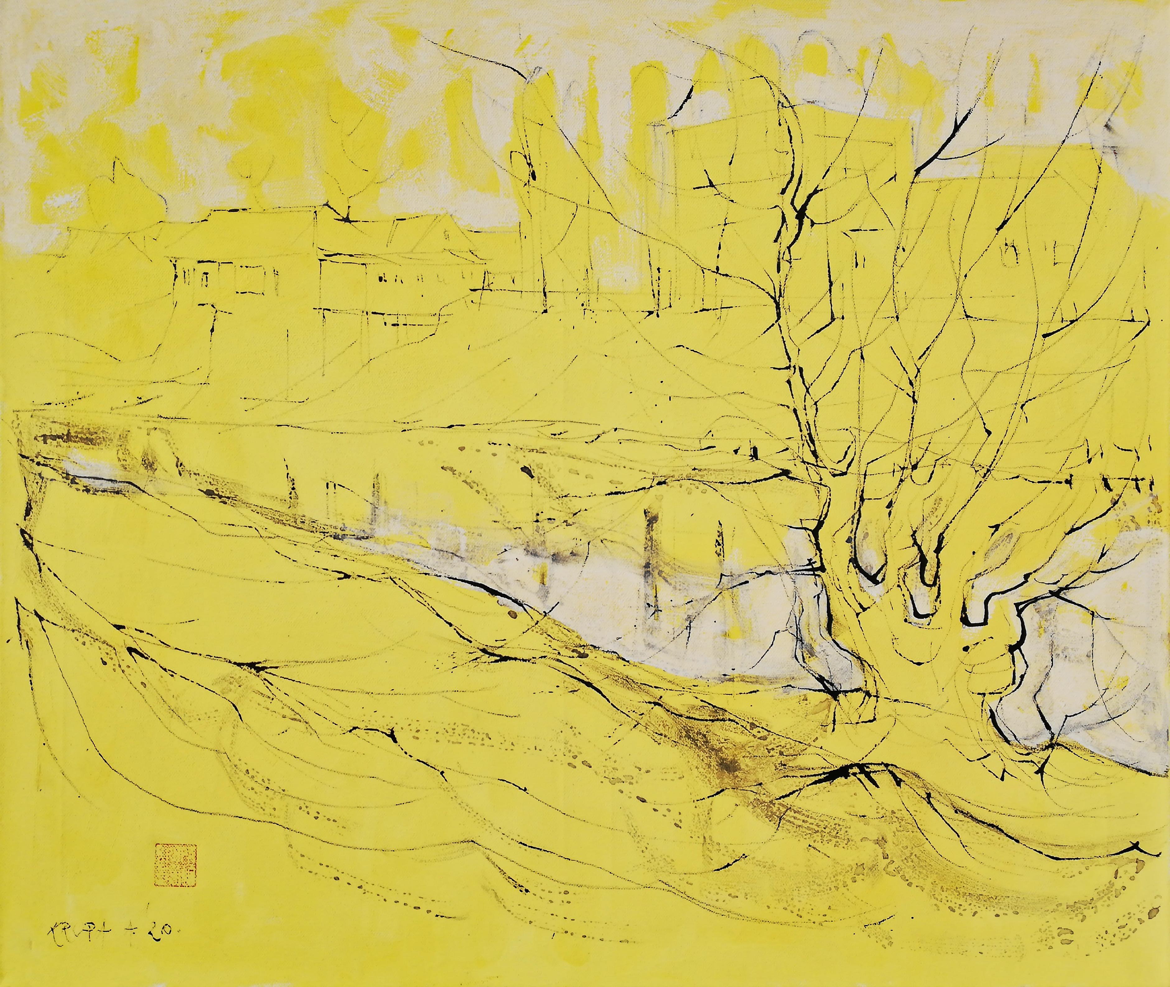 Alfred Freddy Krupa Abstract Painting - It's a New Day, Modern Abstract Ink Art Oil Ink Painting Canvas Landscape Yellow