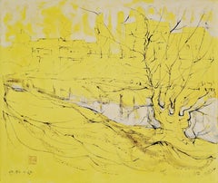 It's a New Day, Modern Abstract Ink Art Oil Ink Painting Canvas Landscape Yellow