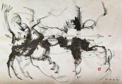 One Morning at the River, Contemporary Abstract Expressionist Ink Paper Black