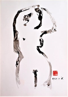 While Fixing Hair, Contemporary Abstract Expressionist Ink Paper Black Graphic