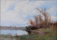 Antique Oil Painting of a River View with Ducks by Alfred Godchaux
