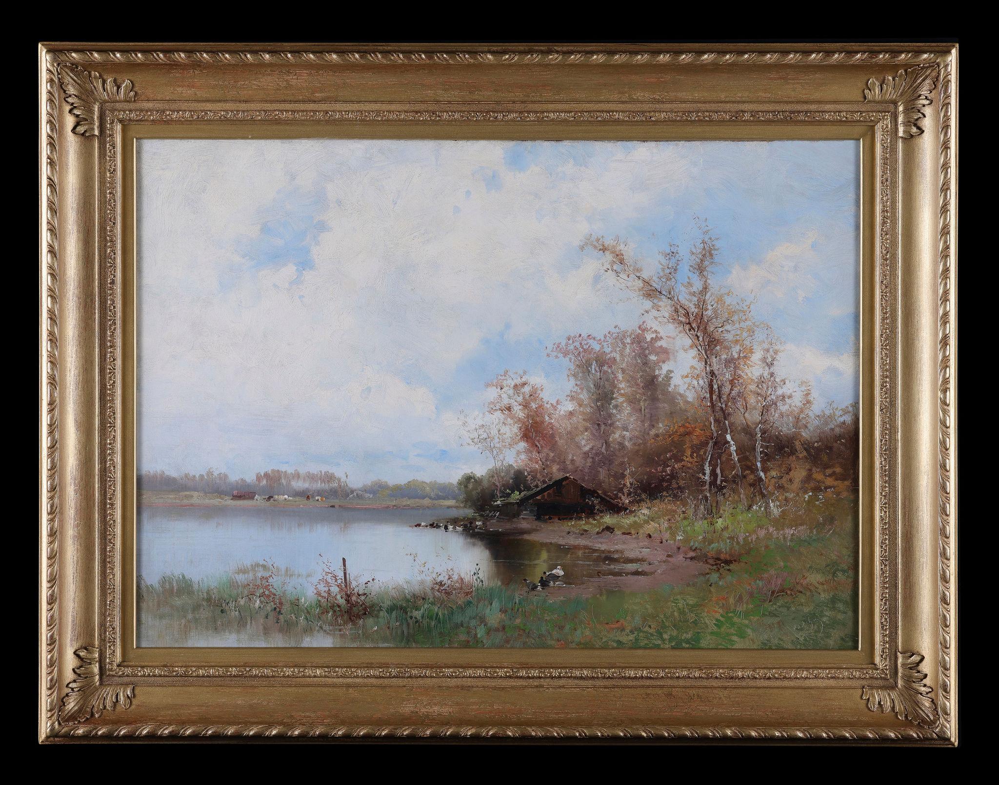Antique Oil Painting of a River View with Ducks by Alfred Godchaux