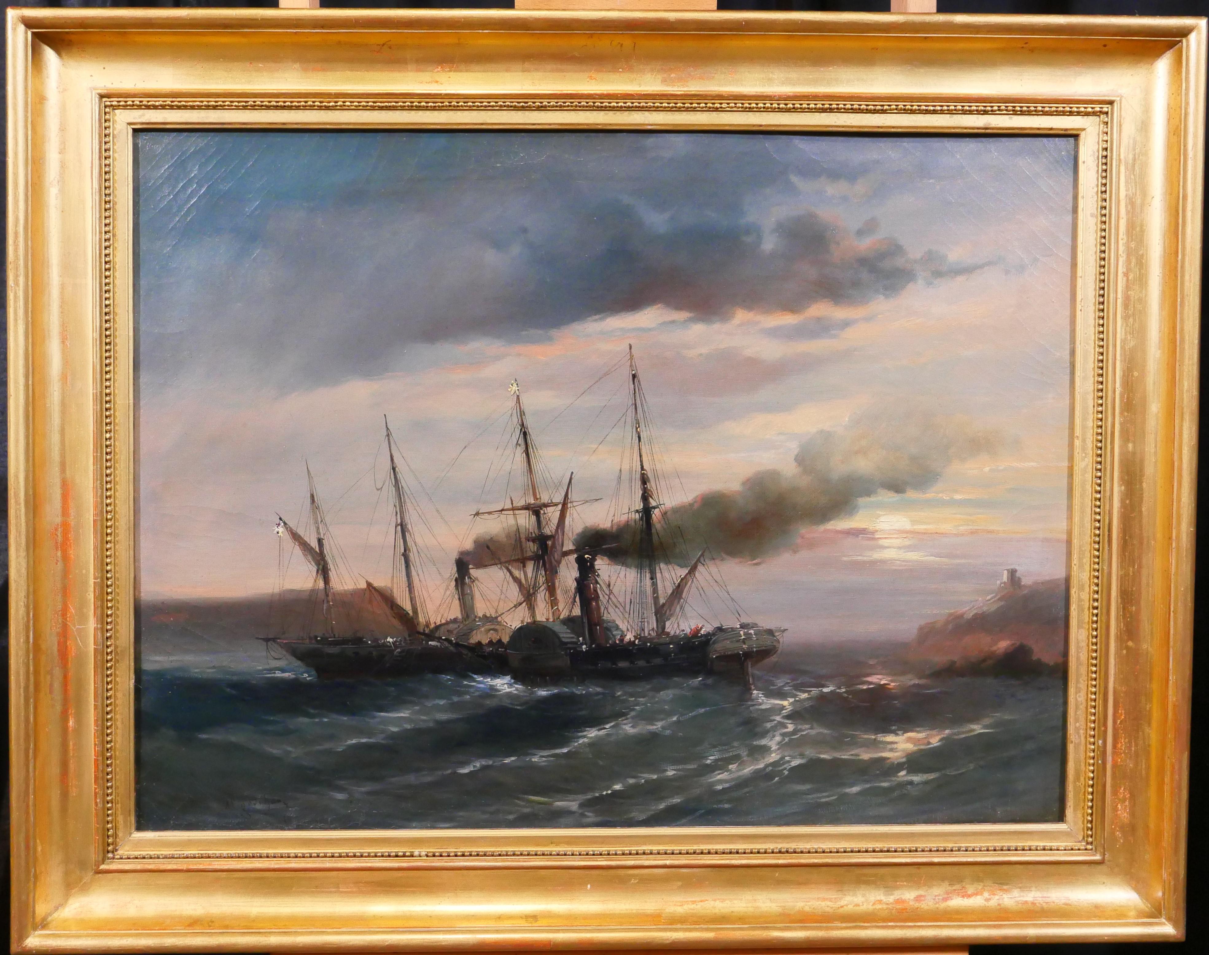 Bateaux anglais au coucher du soleil - Painting de Alfred Godchaux