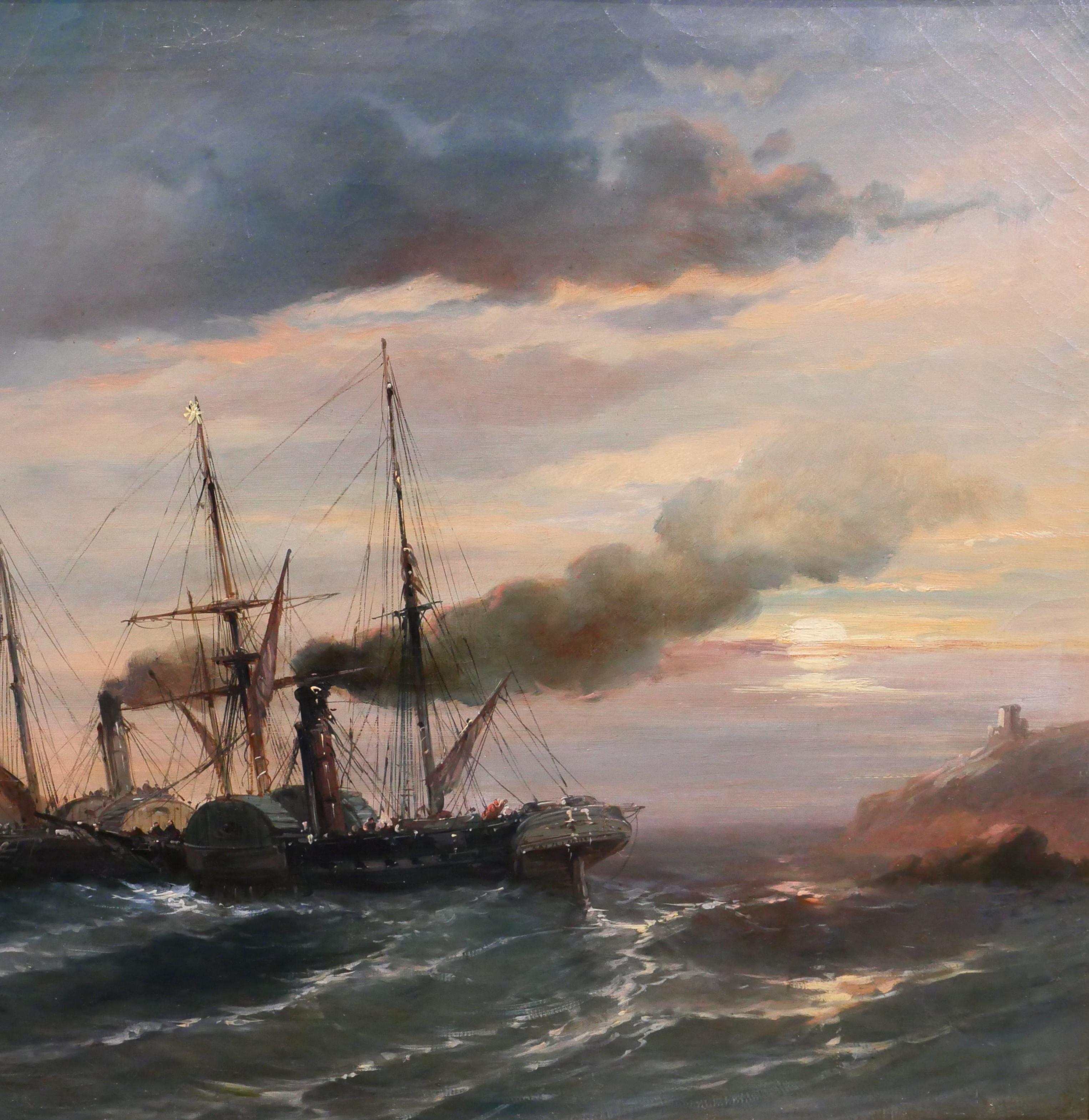 Bateaux anglais au coucher du soleil - Impressionnisme Painting par Alfred Godchaux