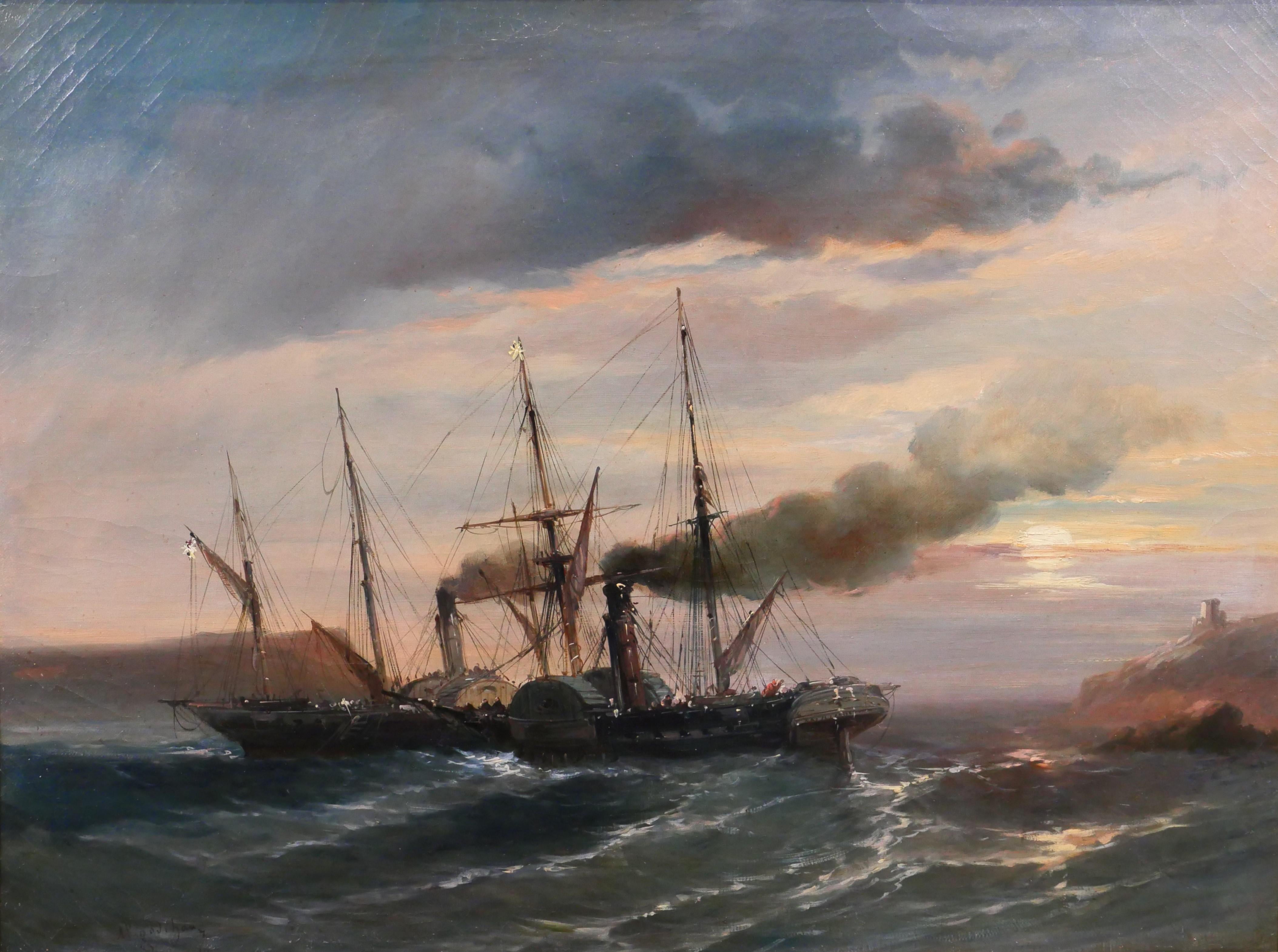 Alfred Godchaux Landscape Painting - English boats at sunset