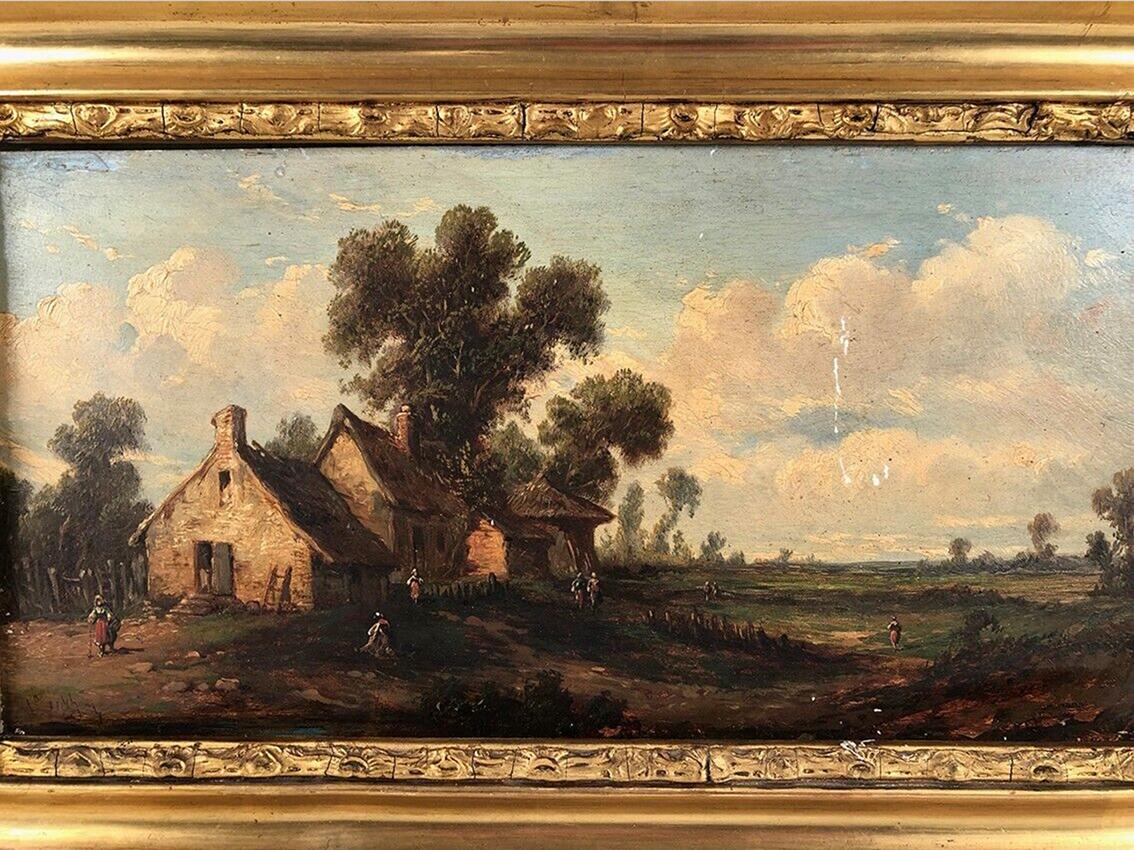 Godchaux. Huile sur panneau, paysage animé. XIXe - Painting di Alfred Godchaux
