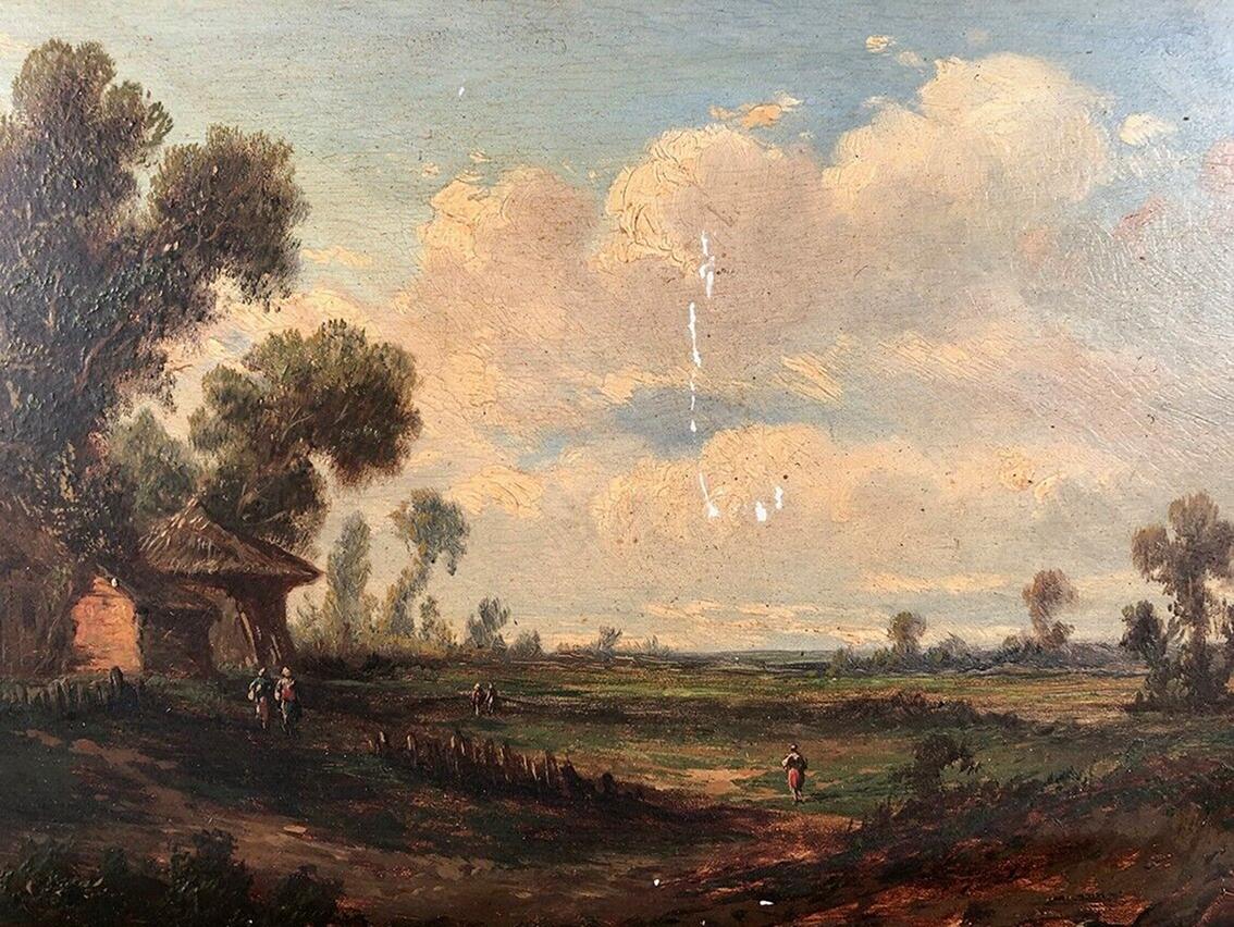 Godchaux. Huile sur panneau, paysage animé. XIXe
Quelques manques de matière
Incasso in bois stuqué e dorato
Dimensioni quadro: 31 x 48,5 cm
Vista: 17,5 x 35 cm