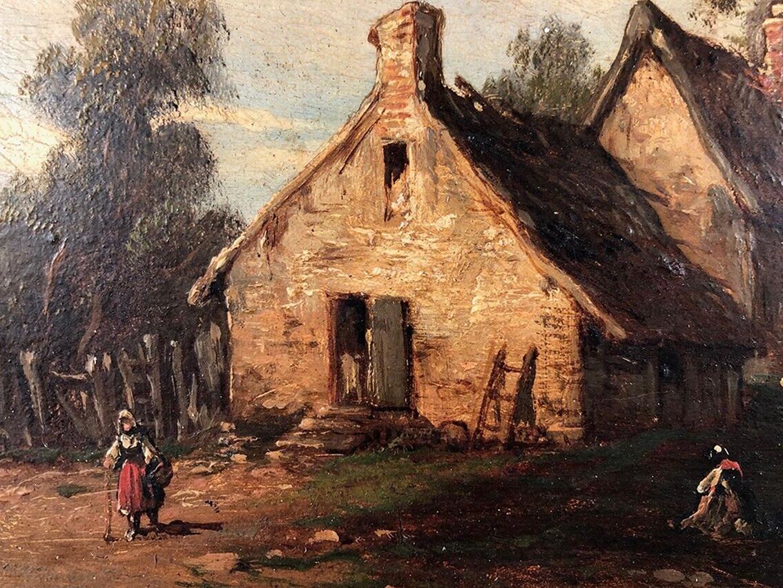 Godchaux. Huile sur panneau, paysage animé. XIXe in vendita 1