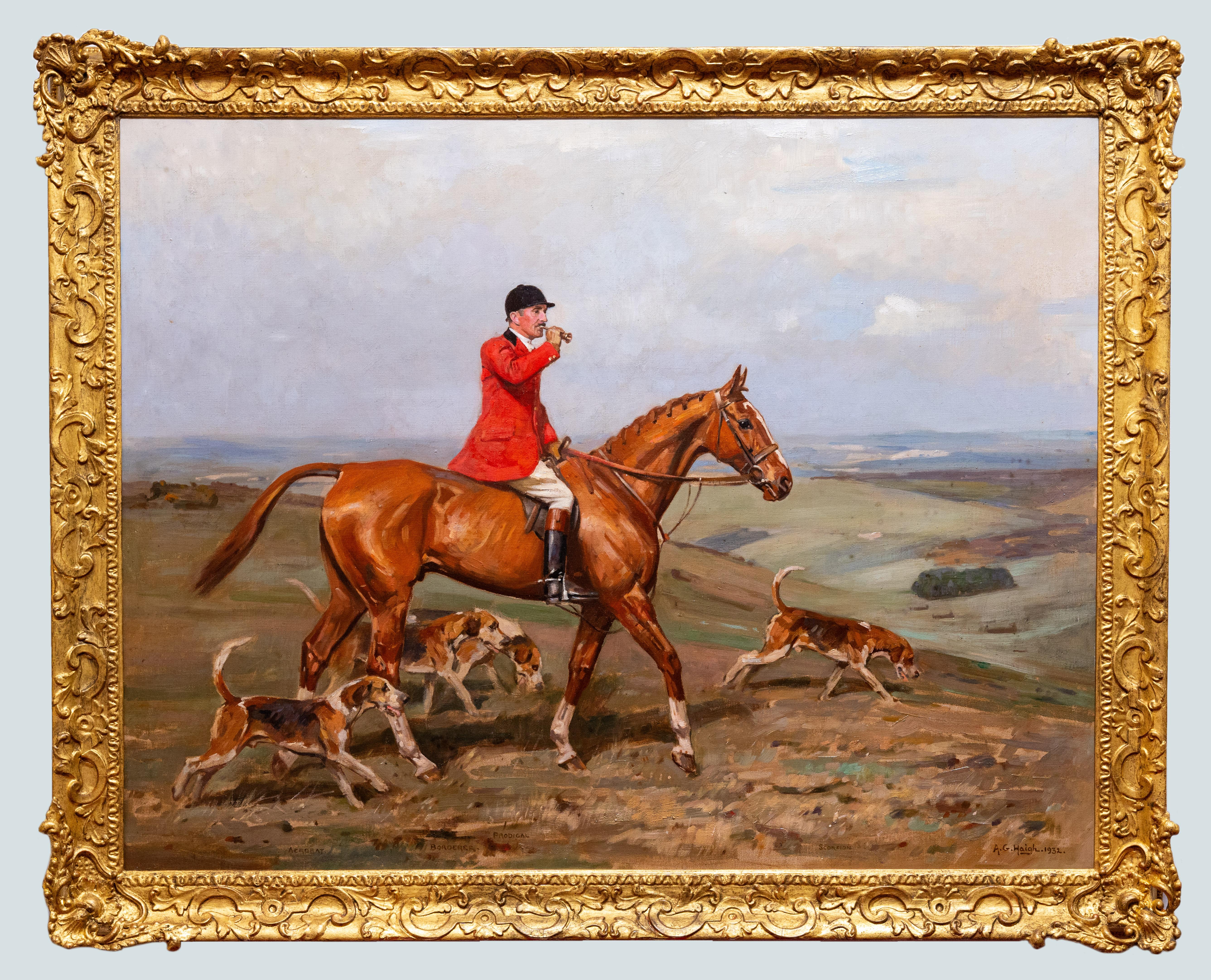 Escena de caza firmada por Alfred Grenfell Haig (1870-1963). El magistral óleo sobre lienzo de Haig da vida al estimulante espíritu de una escena de caza, con un cazador guiando una jauría de cuatro sabuesos distintos -Acrobat, Borderer, Prodigal y