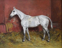 Sporting horse portrait oil painting of a fleabitten mare in a stable
