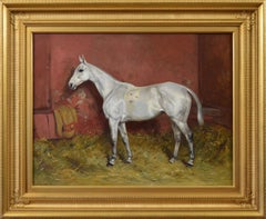 Sporting horse portrait oil painting of a fleabitten mare in a stable