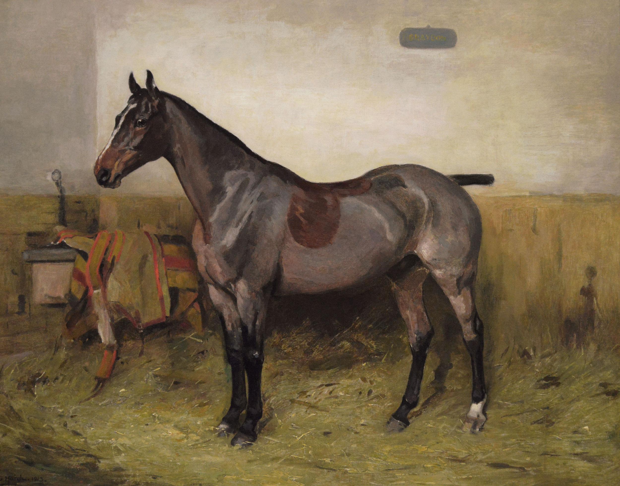 Sporting horse portrait oil painting of bay hunter in a stable - Painting by Alfred Grenfell Haigh
