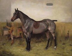Sporting horse portrait oil painting of bay hunter in a stable