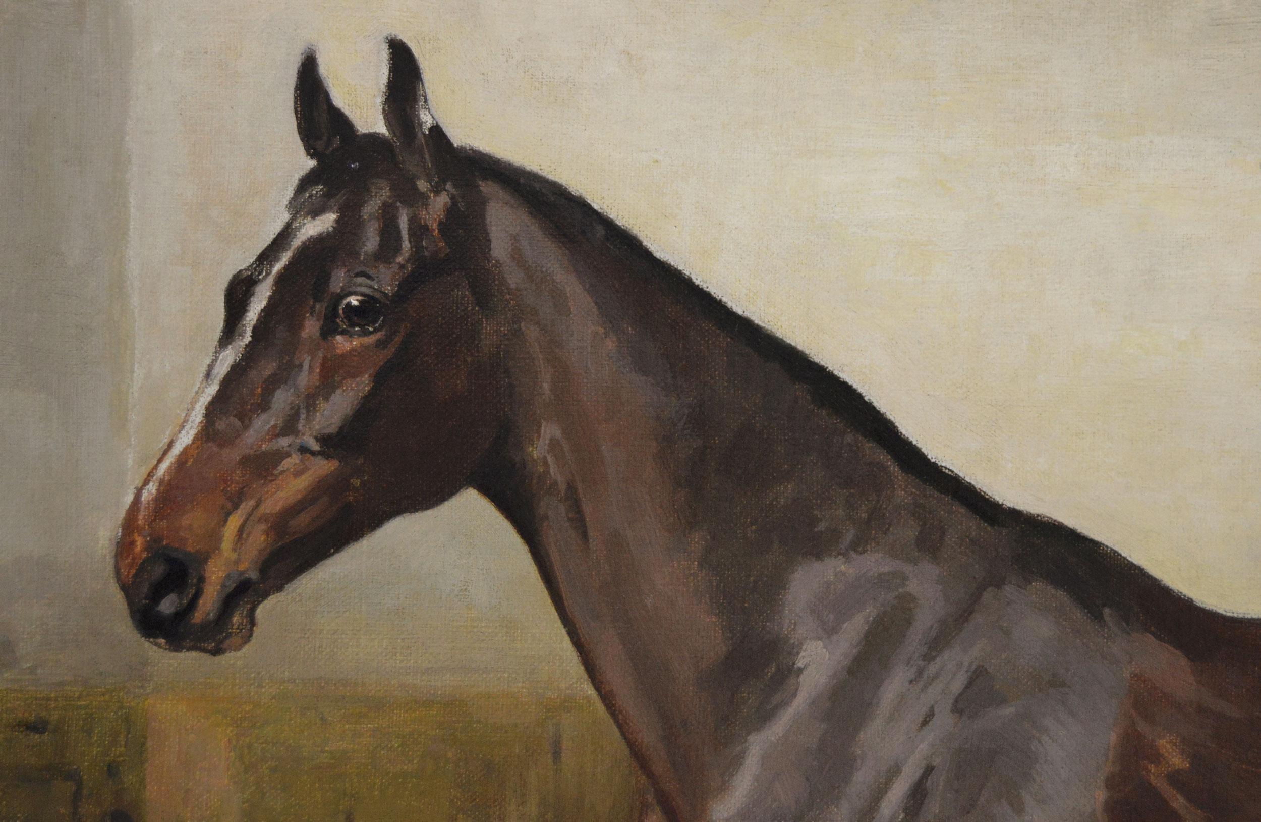 Alfred Grenfell Haigh 
British, (1880-1963)
Braydon
Oil on canvas, signed & dated 1913, further inscribed Braydon
Image size: 22.5 inches x 29.5 inches 
Size including frame: 28.5 inches x 35.5 inches

A fine sporting horse portrait of a bay hunter