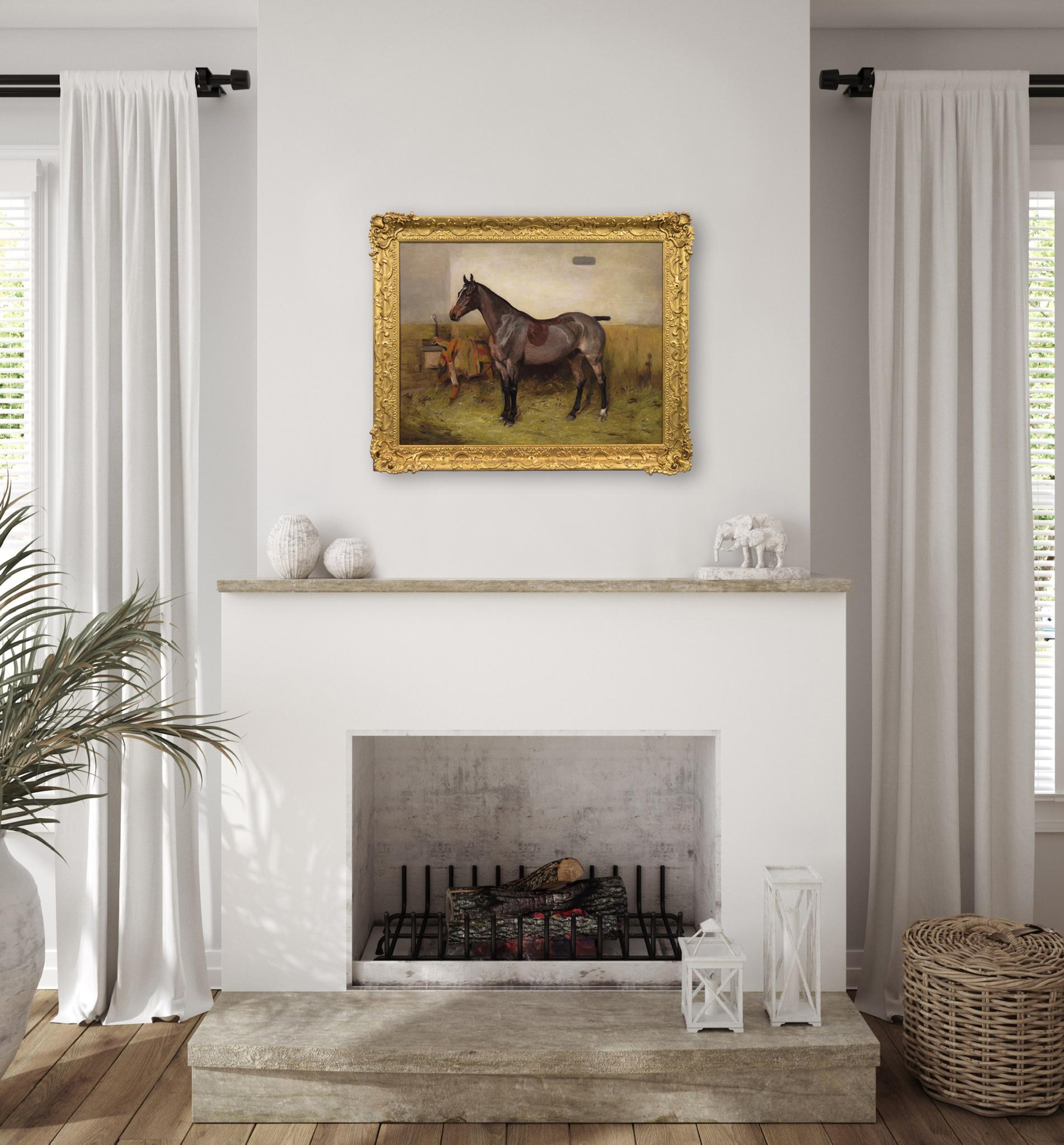 Sporting horse portrait oil painting of bay hunter in a stable For Sale 5
