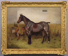 Antique Sporting horse portrait oil painting of bay hunter in a stable