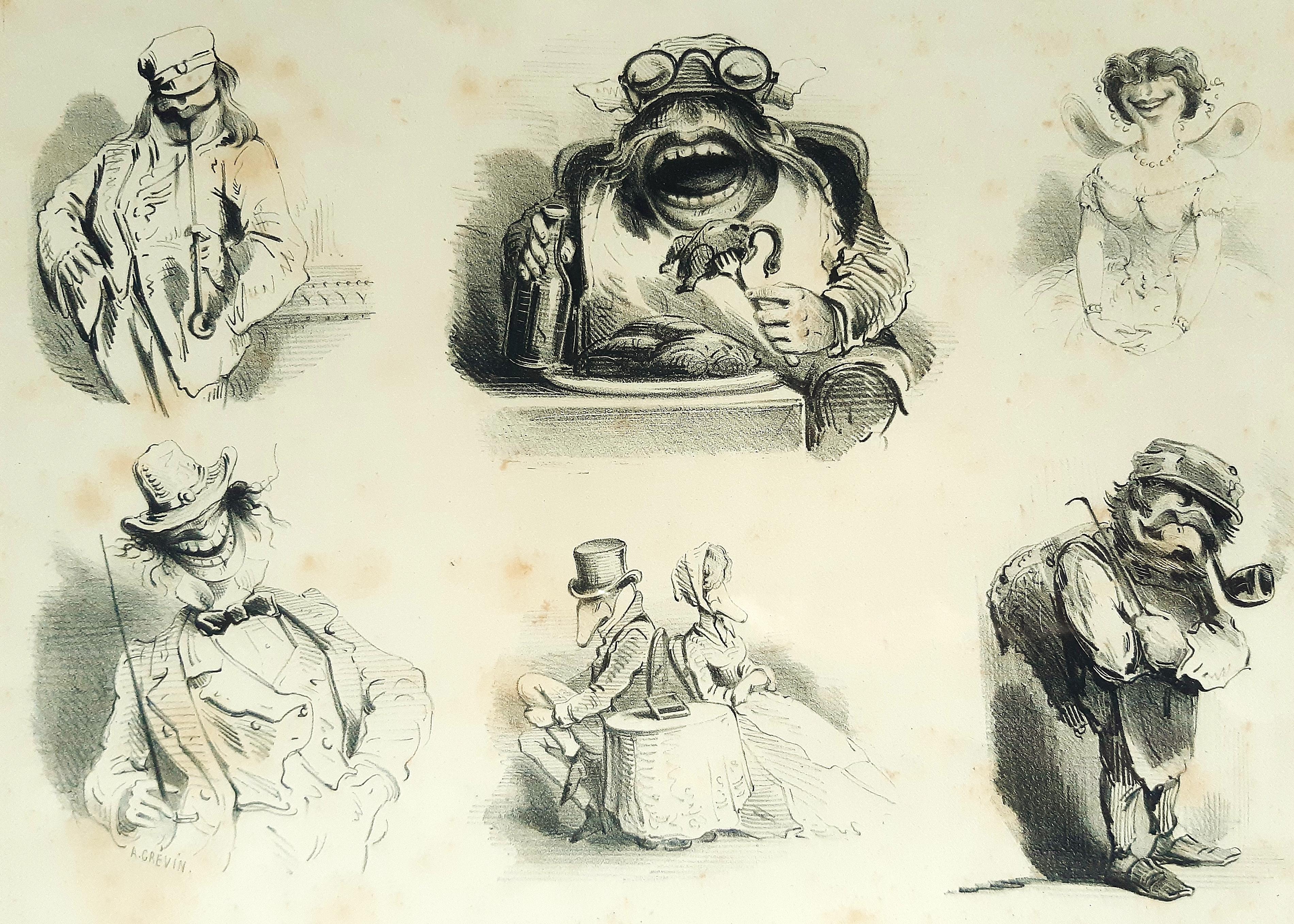 Alfred Grevin Figurative Print - Monorganorama - Suite of 5 Original Lithographs by A. Grevin - 1858