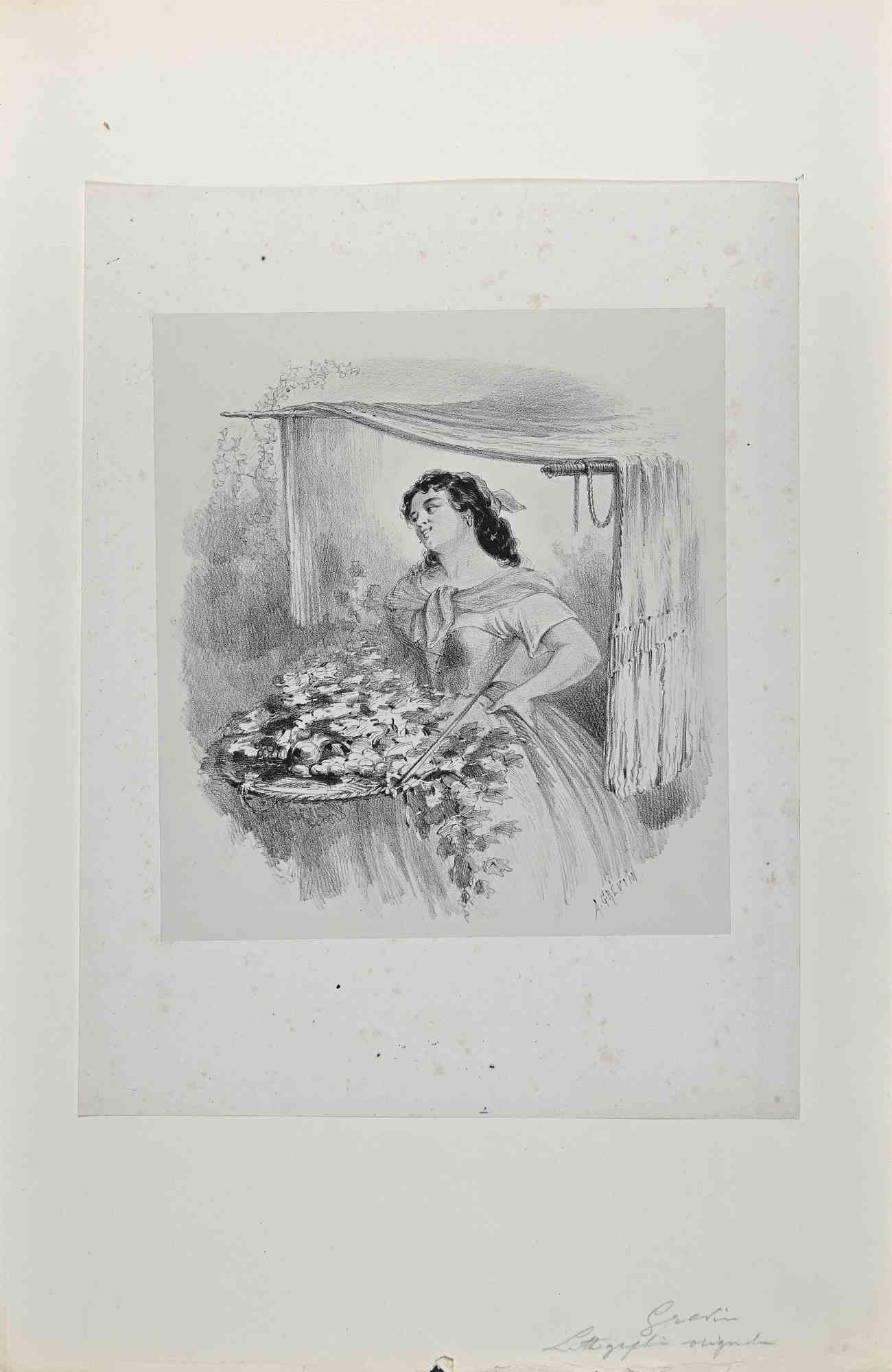 Die Dame mit den Blumen  - Originallithographie von A. Grevin - Ende des 19. Jahrhunderts