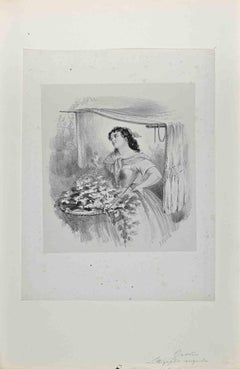 La femme avec des fleurs  - Lithographie originale de A. Grevin - fin du XIXe siècle