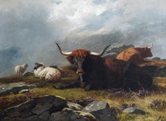 Highland Mist - British Victorian art Scottish cattle in landscape oil painting