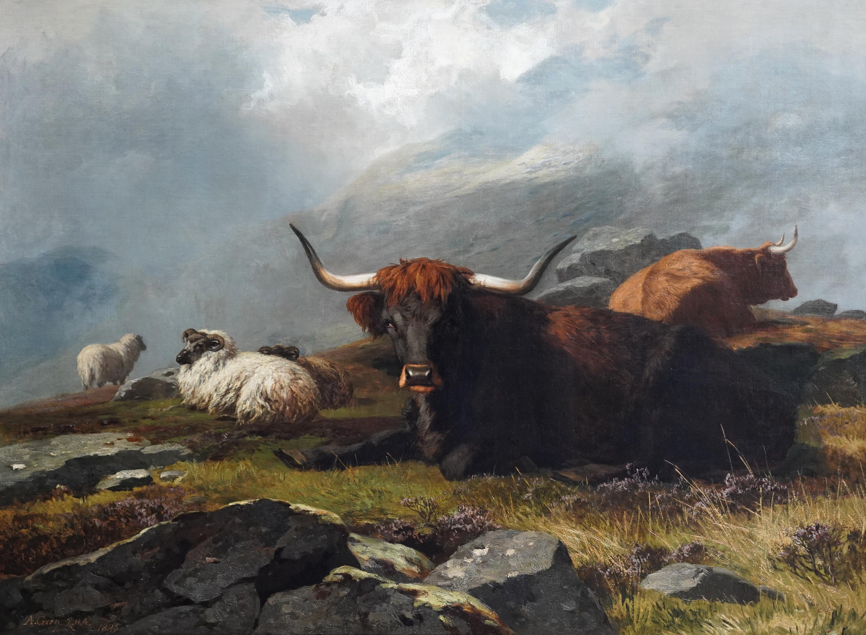 Highland Mist - British Victorian art Scottish cattle in landscape oil painting - Painting by Alfred Grey