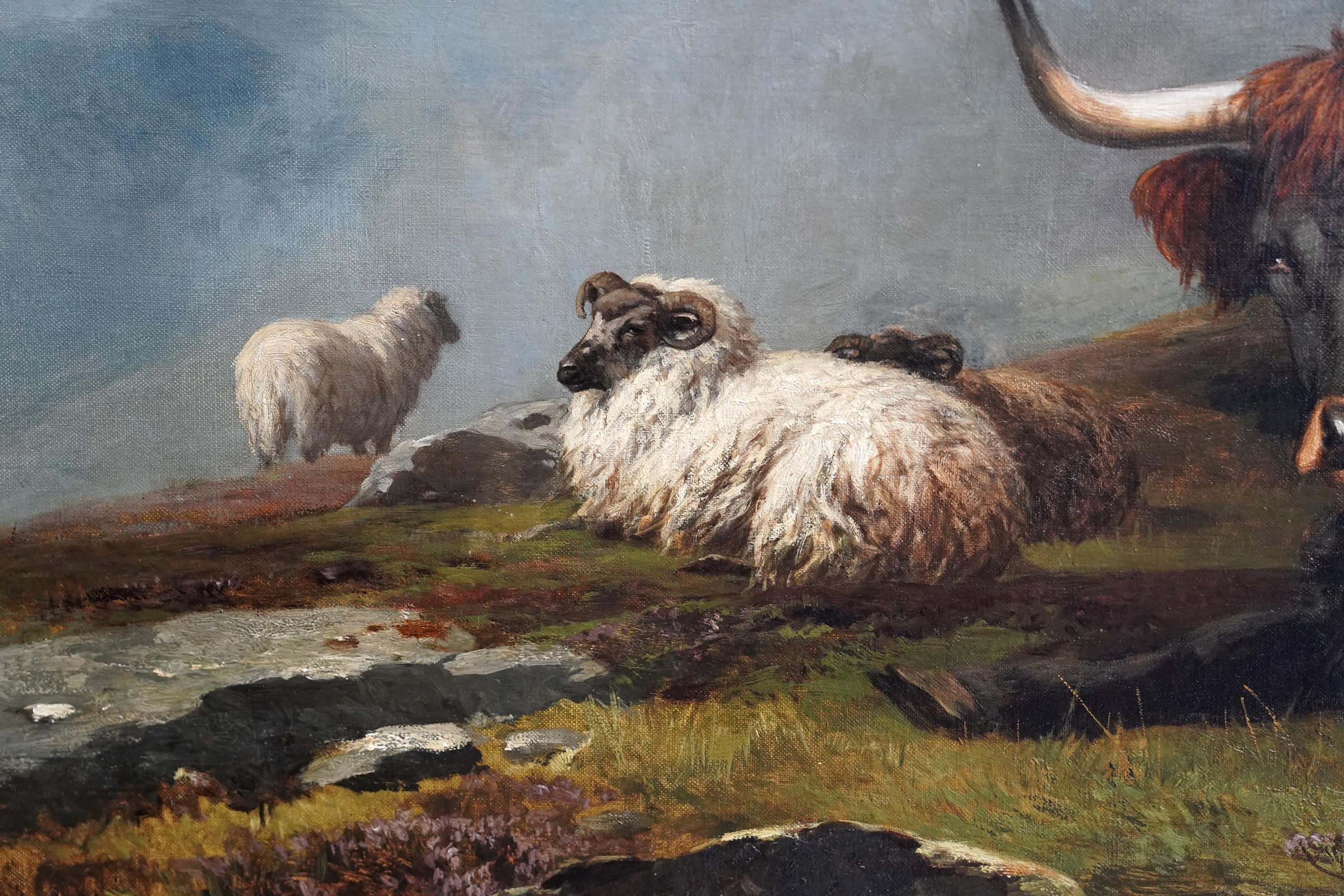 Highland Mist - British Victorian art Scottish cattle in landscape oil painting - Brown Landscape Painting by Alfred Grey