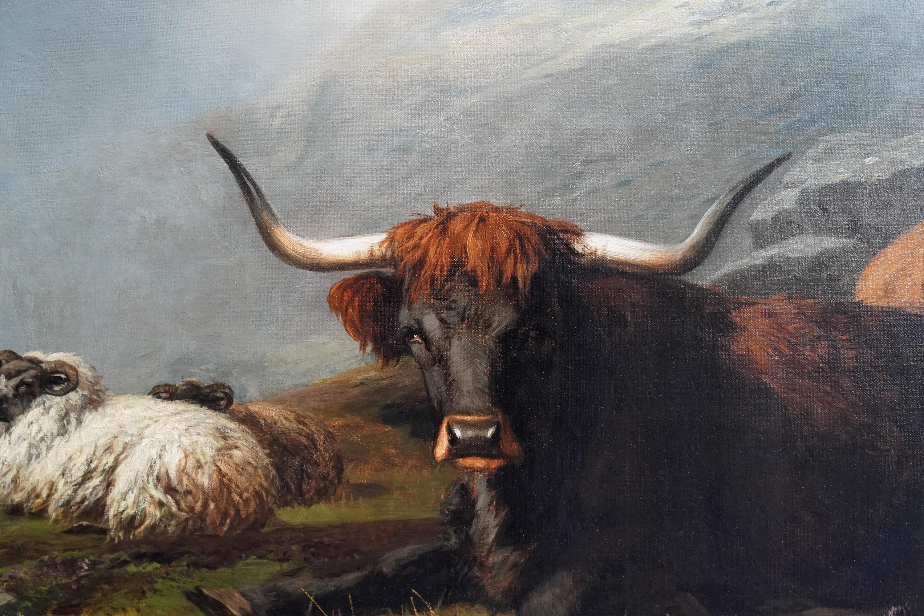 Highland Mist - British Victorian art Scottish cattle in landscape oil painting For Sale 1