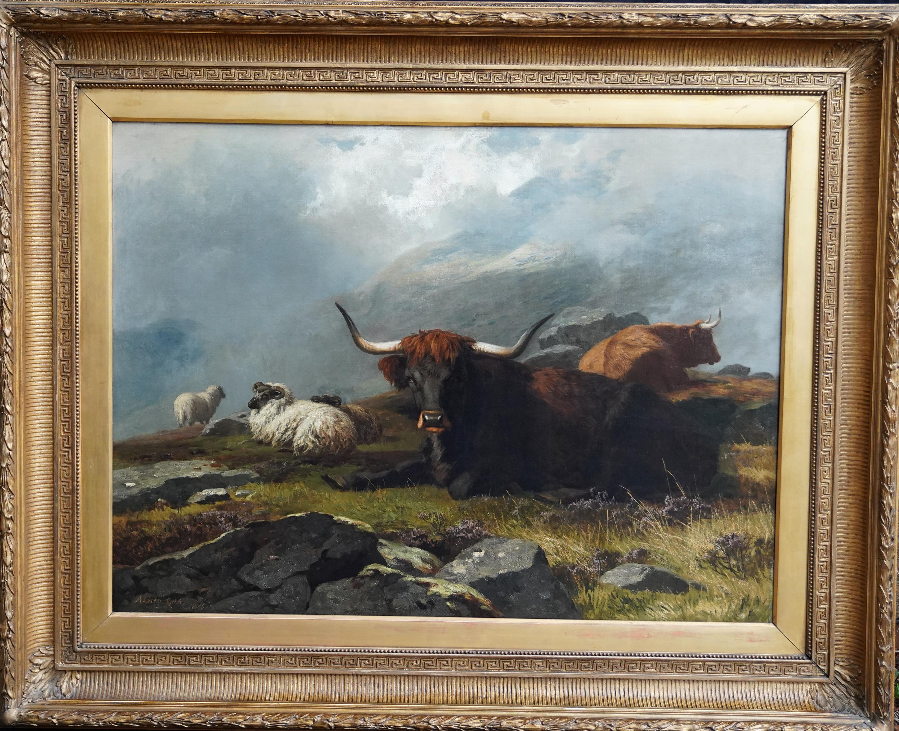 Alfred Grey Landscape Painting - Highland Mist - British Victorian art Scottish cattle in landscape oil painting