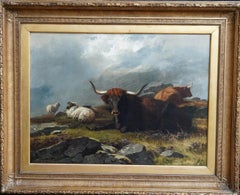 Highland Mist – britische viktorianische Kunst, schottisches Rindsleder in Landschaft, Ölgemälde