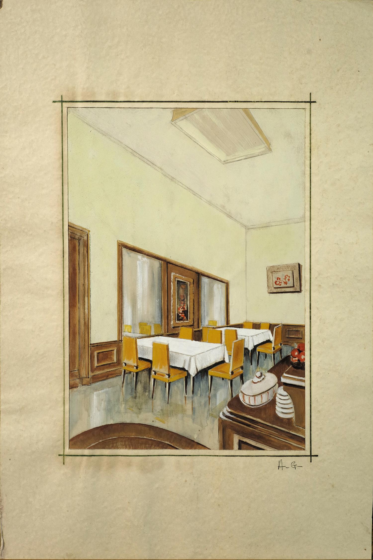 Unique set of seven decoration projects signed Alfred Guyard, France 1930. From the child's room to the terrace of the Drouot restaurant (Paris), from the director's office to the dining room, these remarkably executed gouaches were presented to the