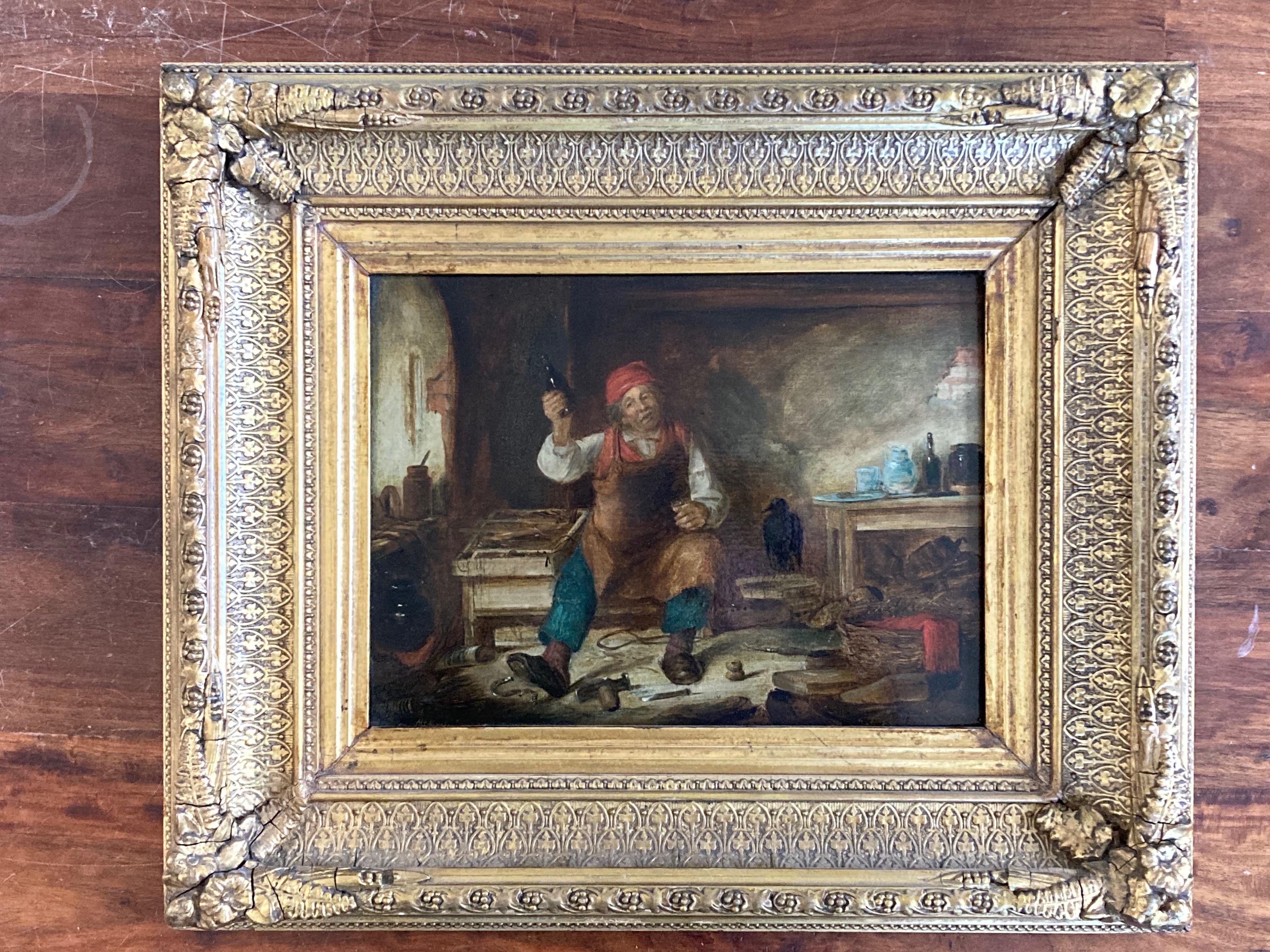 A very characterful image of a farrier or blacksmith enjoying a drink in an interior.

Alfred H Green (working 1844-1878)
A farrier in an interior enjoying a drink
Signed
Oil on board
9 x 12 excluding the frame
16¾ x 20 inches including the