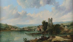 Pittura ad olio antica firmata del XIX secolo: "Scena fluviale con Townes".