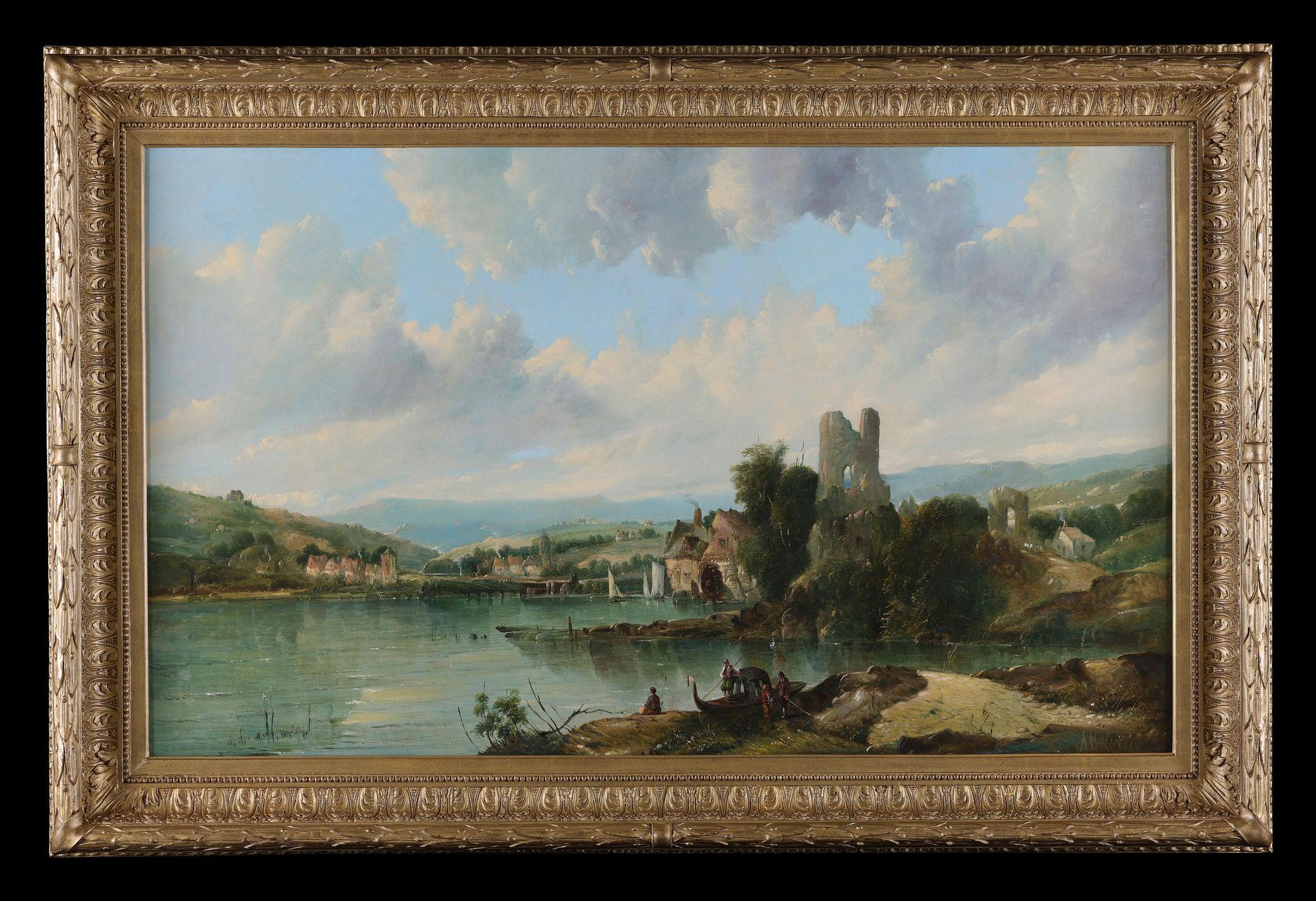19th Century Signed Antique Oil Painting: 'A River Scene with a Town'