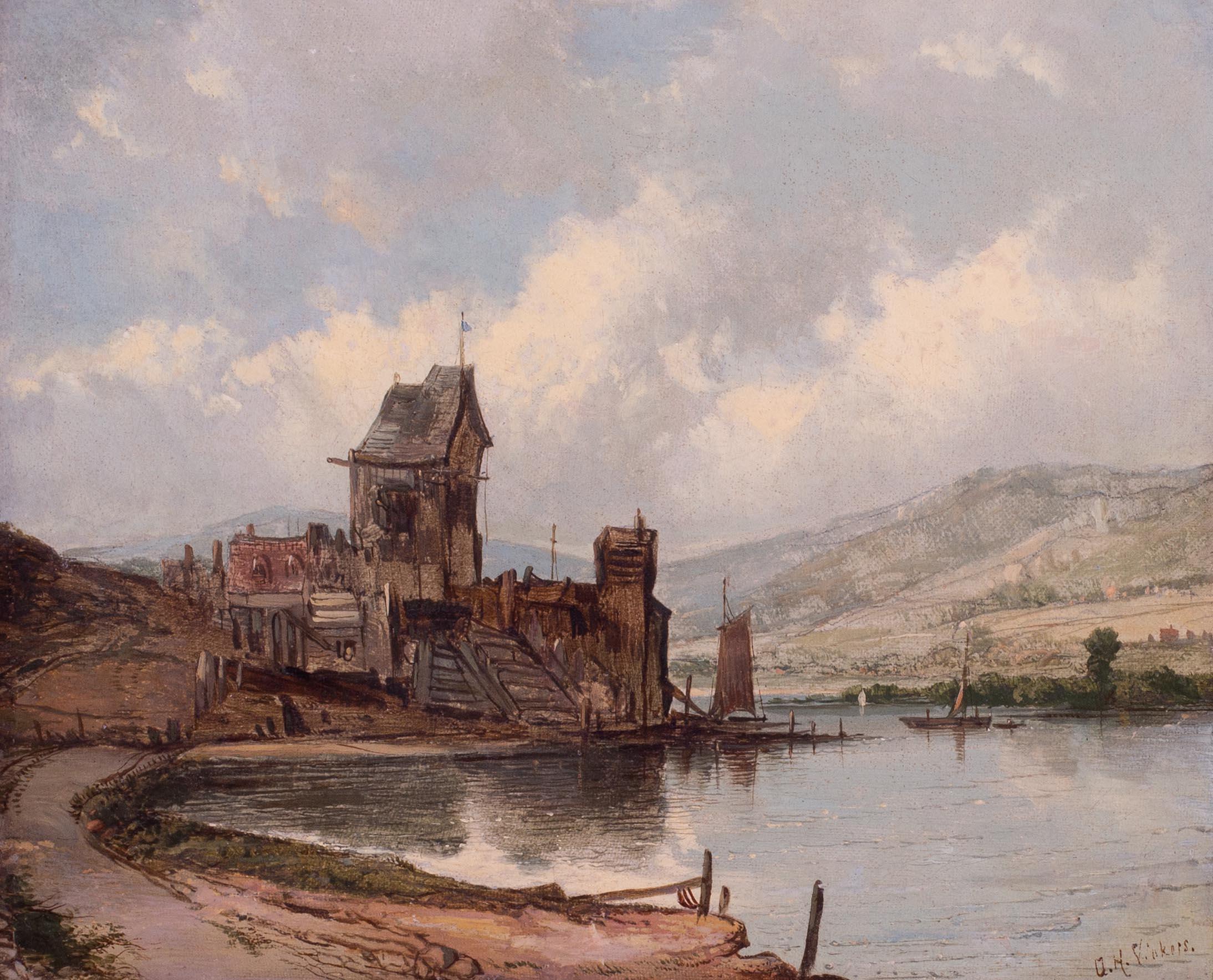 Peinture à l'huile britannique du XIXe siècle représentant un moulin au bord de la rivière par Alfred Vickers - Painting de Alfred H. Vickers