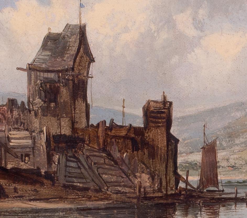 Peinture à l'huile britannique du XIXe siècle représentant un moulin au bord de la rivière par Alfred Vickers - Marron Landscape Painting par Alfred H. Vickers