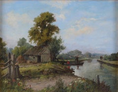 Original 19th Century Antique Oil on panel Painting: 'Boats on a River'