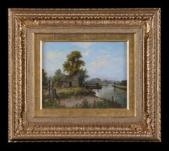 Original 19th Century Antique Oil on panel Painting: 'Boats on a River'