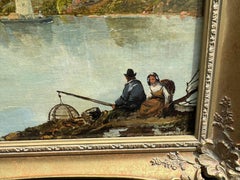 19th century English or European River landscape with Castles, fishermen, boats