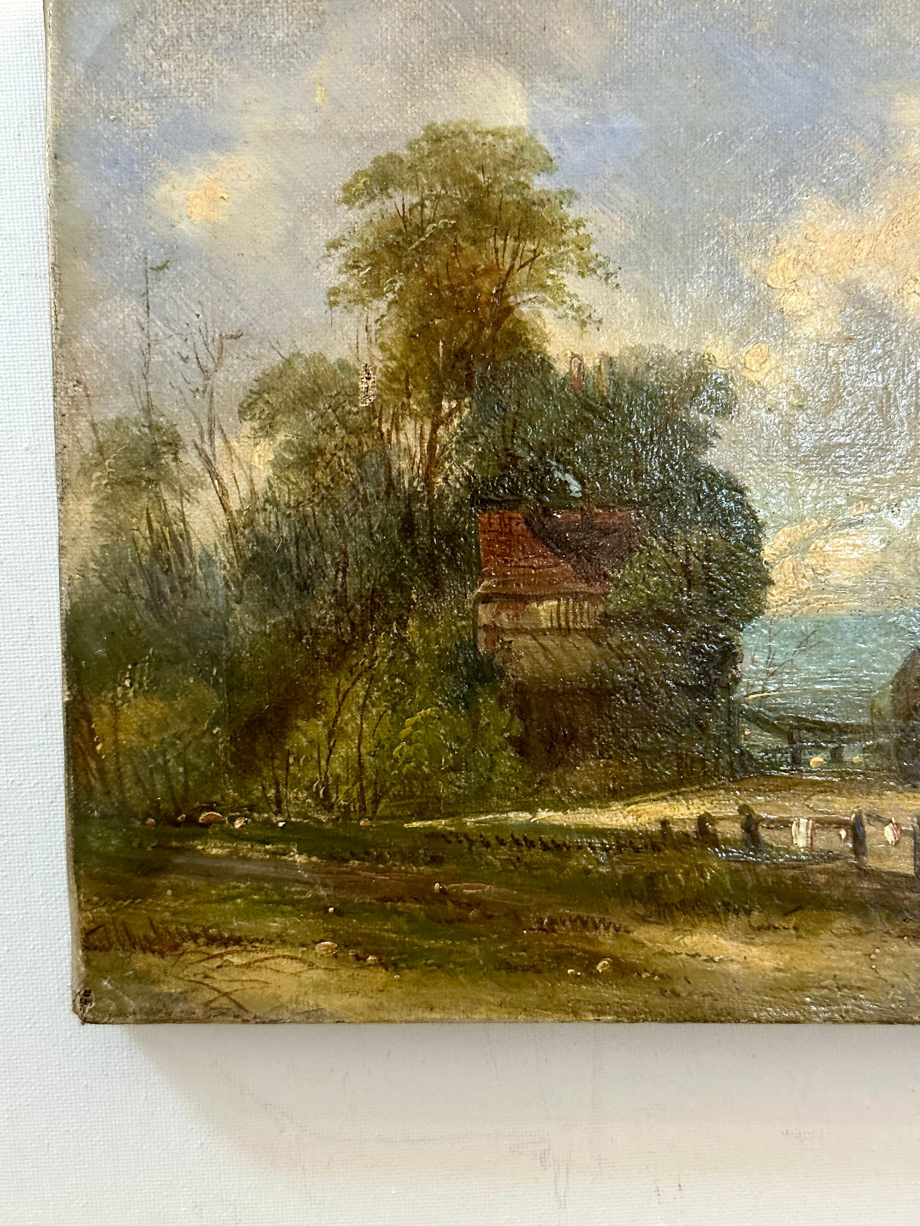Paesaggio inglese vittoriano del XIX secolo con villaggio, chiesa e cottage - Painting di Alfred H Vickers