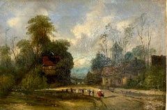 19th century victorian English landscape with Village, church and cottages