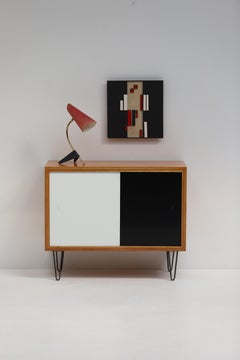 Alfred Hendrickx cabinet with black and white opaline glass sliding doors 1958