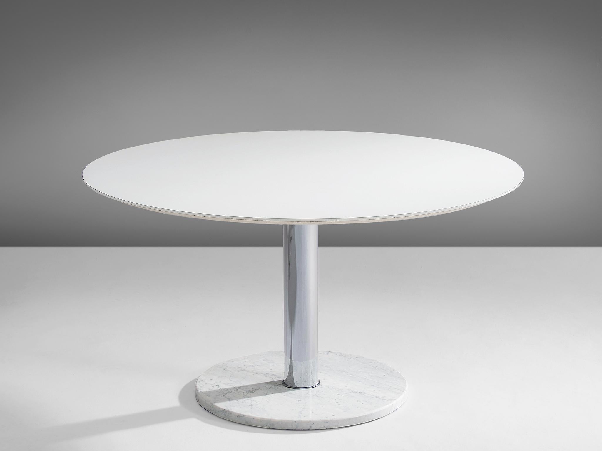 Alfred Hendrickx for Belform, pedestal dining table, wood, chromed steel, and marble, Belgium, circa 1960. 

This round formica top placed on a central chrome tube. The base is made of a with marble round plate. Very modern, slick design that bears