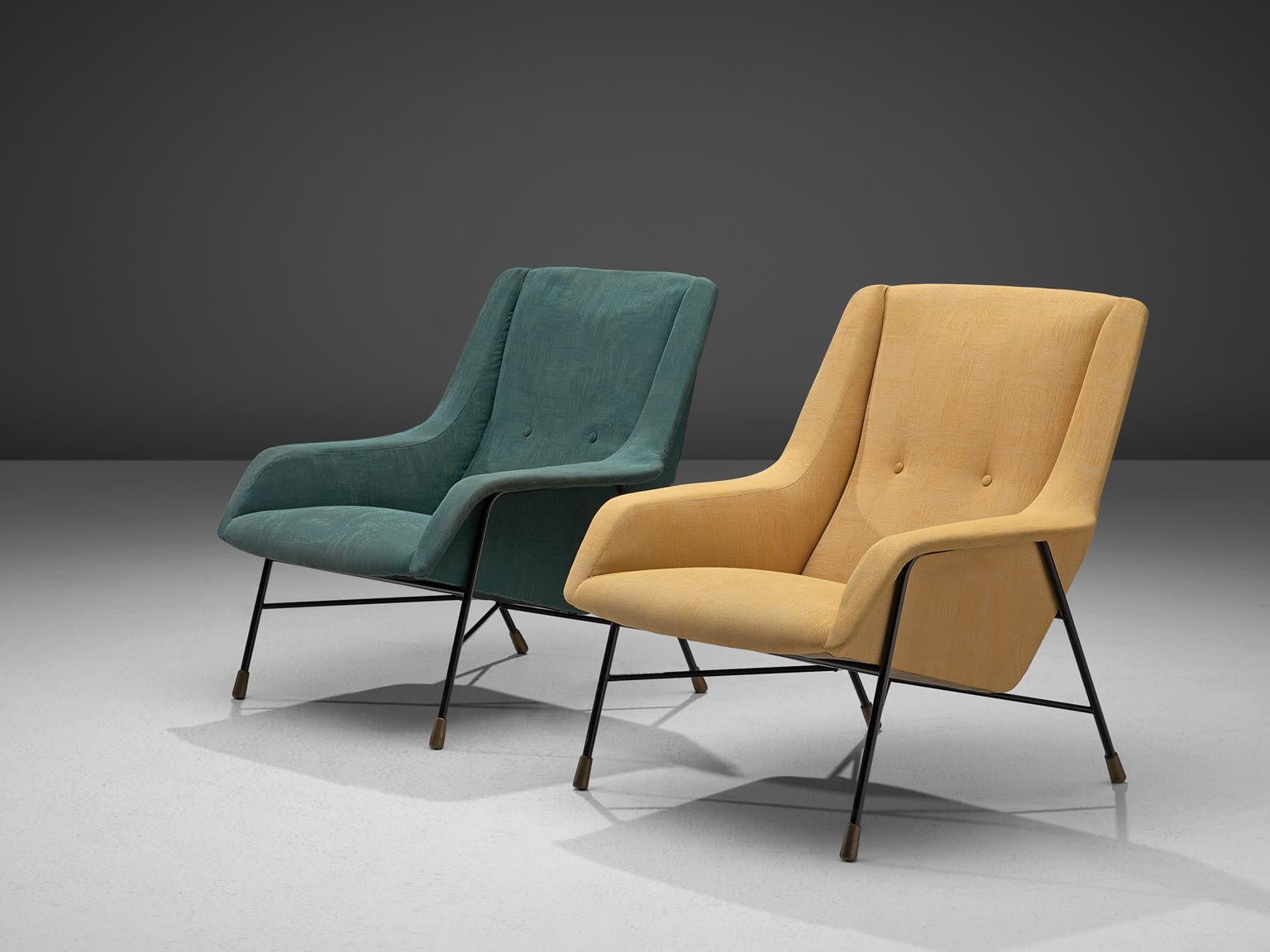 Alfred Hendrickx for Belform, set of S12 lounge chairs with ottoman, Belgium, late 1950s.

This pair of armchairs and matching footstool is designed by the Belgian designer Alfred Hendrickx. The chairs show influences of Italian designs by shape