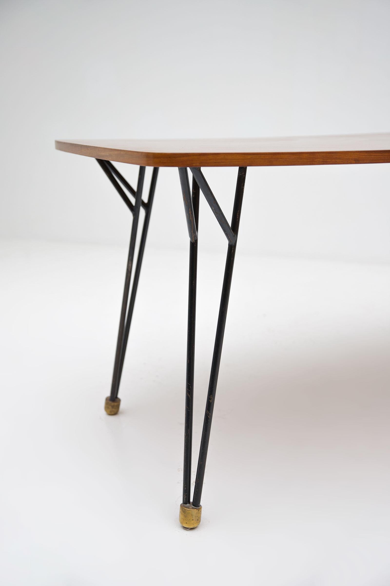 Brass Alfred Hendrickx T3 Dining Table 50s with Black Lacquered Metal Frame For Sale